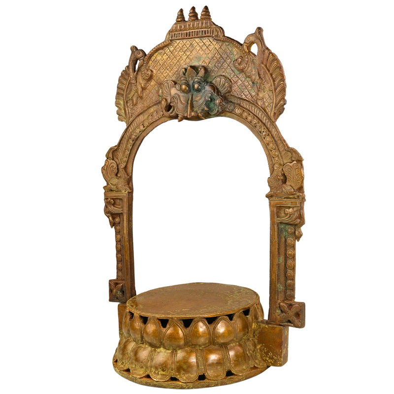 Bronze Lotus Chowki with Prabhavali, Handmade Panchaloha Kamal Peetha Peetalu Peetham Bajot for Temple Mandapam Sinhasan Pooja Mandir Stand, Brown, 22 Inch, 1 Piece