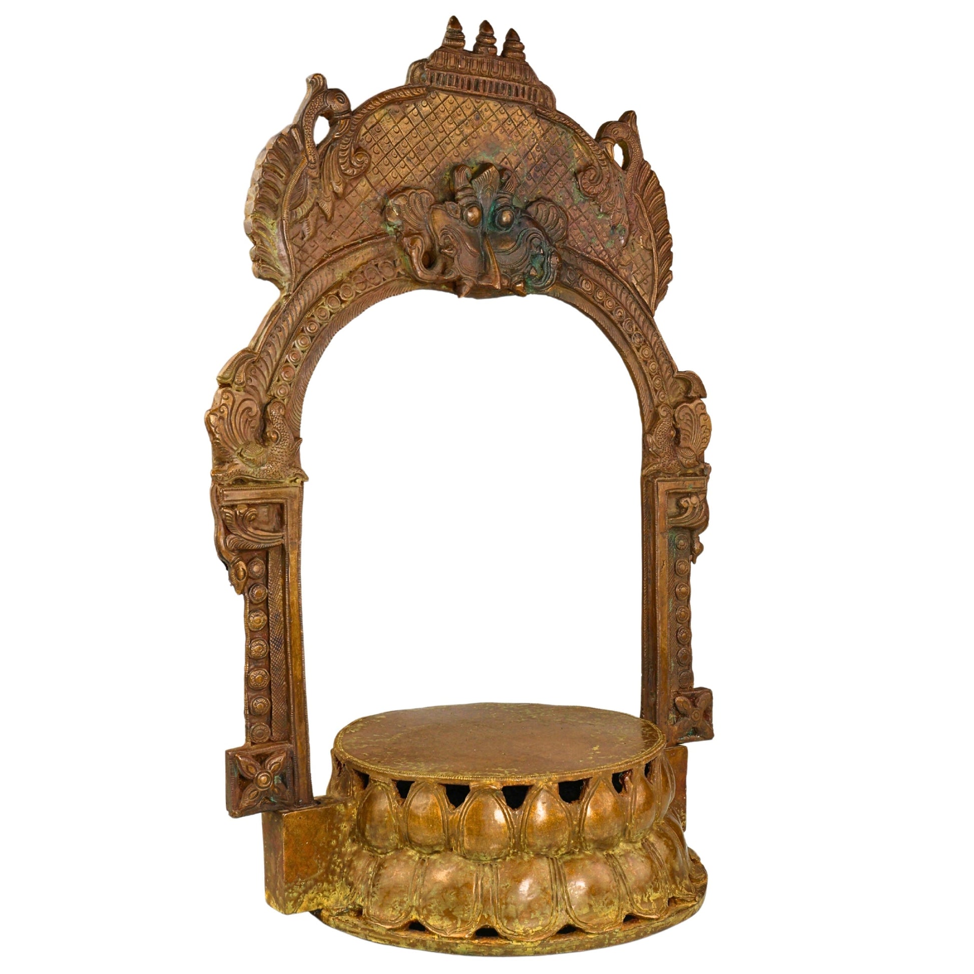 Bronze Lotus Chowki with Prabhavali, Handmade Panchaloha Kamal Peetha Peetalu Peetham Bajot for Temple Mandapam Sinhasan Pooja Mandir Stand, Brown, 22 Inch, 1 Piece