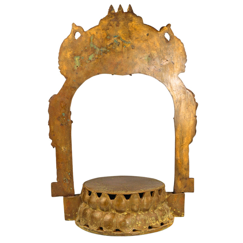 Bronze Lotus Chowki with Prabhavali, Handmade Panchaloha Kamal Peetha Peetalu Peetham Bajot for Temple Mandapam Sinhasan Pooja Mandir Stand, Brown, 22 Inch, 1 Piece