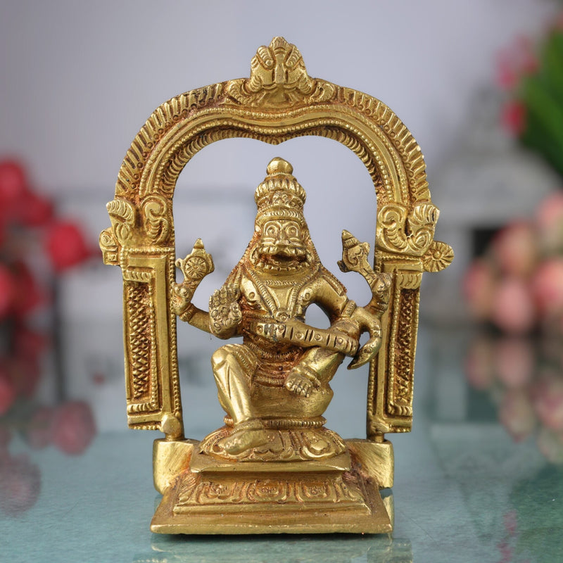 Brass Narasimha Swamy Idol, Lord Narasingha Murti, Yoga Narasimha Vigraha, Nrisimha Deva Statue for Pooja Room, Home, Temple & Office, Gold, 5 Inch, 1 Piece