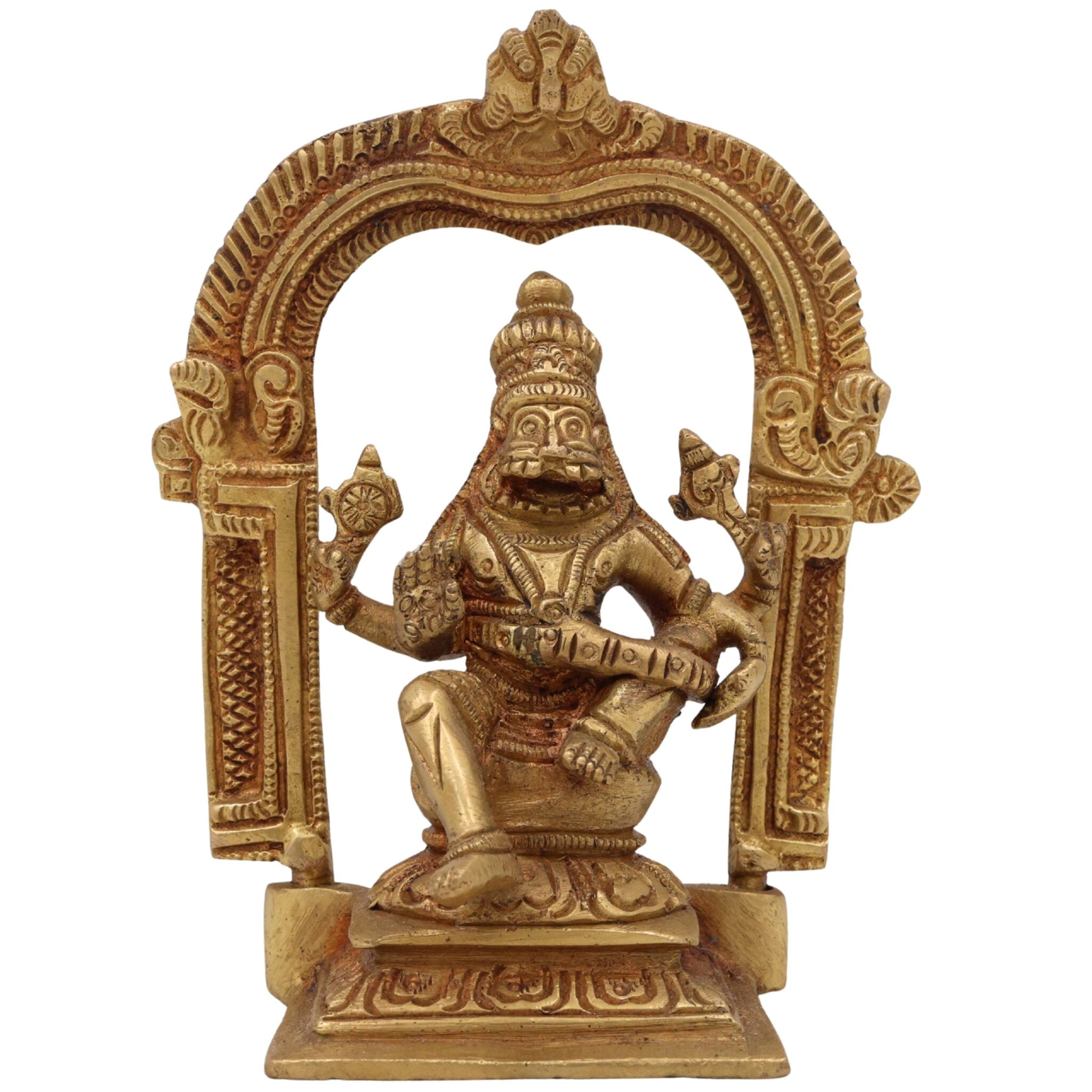 Brass Narasimha Swamy Idol, Lord Narasingha Murti, Yoga Narasimha Vigraha, Nrisimha Deva Statue for Pooja Room, Home, Temple & Office, Gold, 5 Inch, 1 Piece