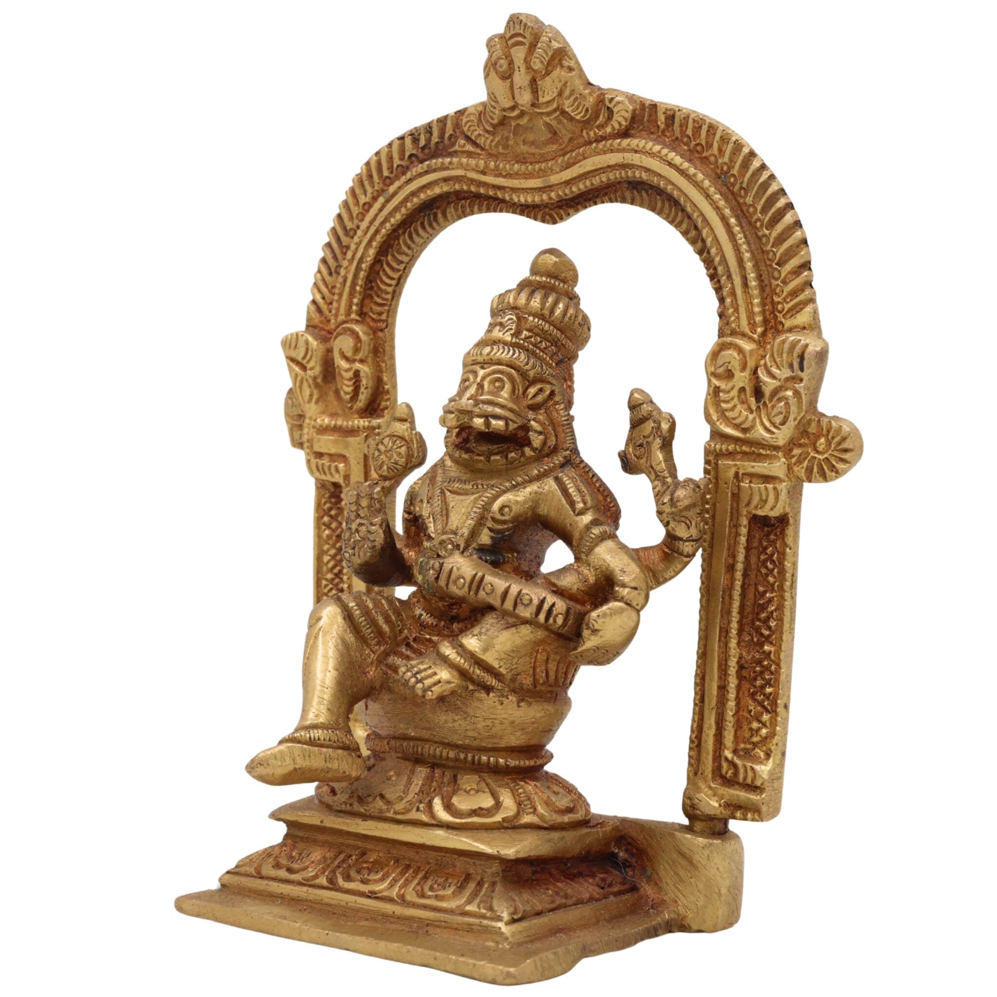 Brass Narasimha Swamy Idol, Lord Narasingha Murti, Yoga Narasimha Vigraha, Nrisimha Deva Statue for Pooja Room, Home, Temple & Office, Gold, 5 Inch, 1 Piece