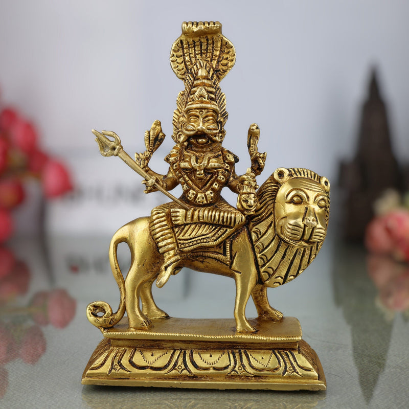 Brass Pratyangira Devi Idol, Atharvana Bhadrakali Murti, Narasimhi Simhamukhi Statue for Pooja Room, Temple, Home & Office Decor,Gold, 7 Inch, 1 Piece