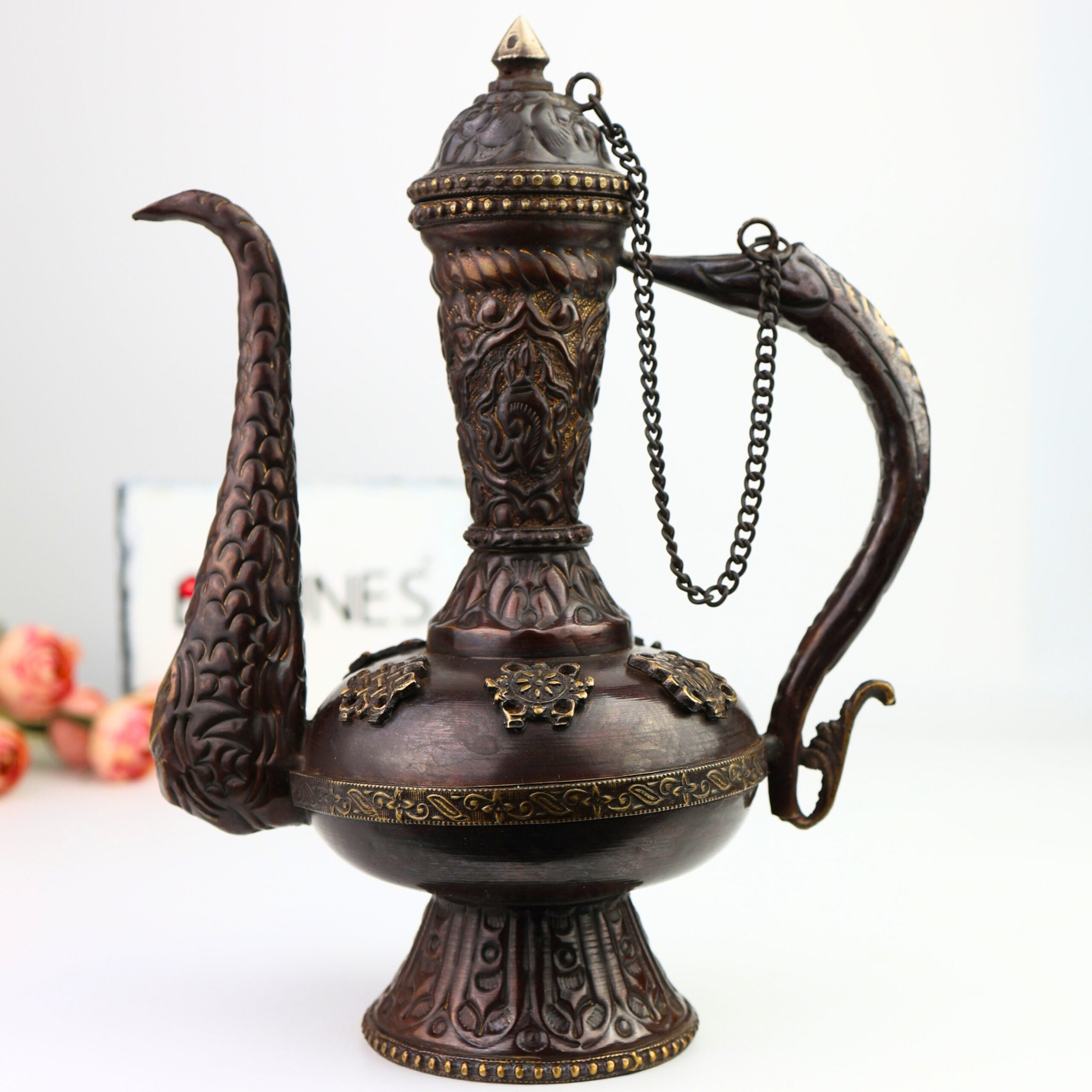 Brass Handcrafted Surahi Idol for Puja, Home Decor, Temple, Gifts – Traditional Peetal/Pittal Surai, Decorative Indian Water Pot Murti, Artisan Statue, Religious Sculpture,Brown, 9.5 Inch, 1 Piece