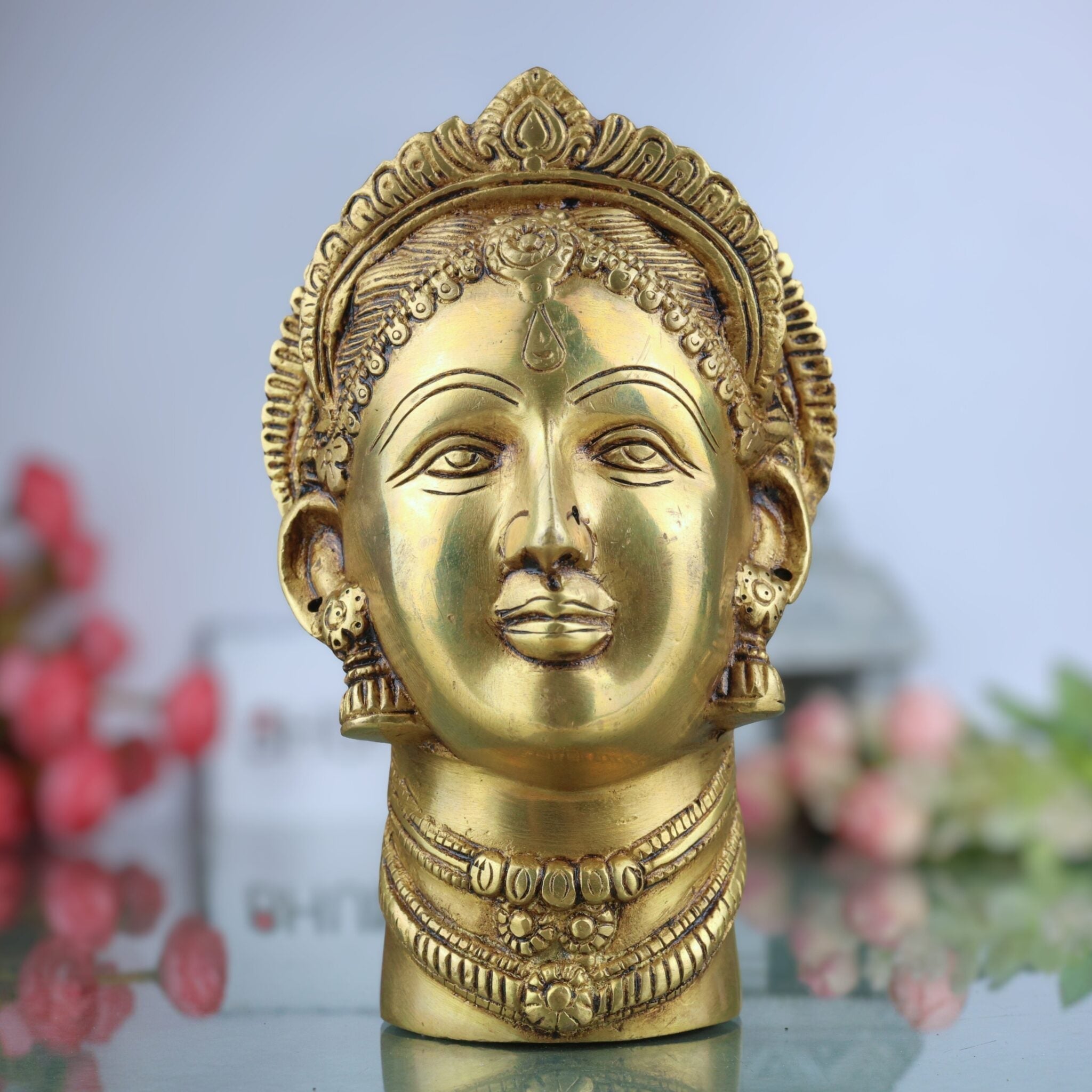 Handcrafted Brass Gowri Face Idol – Gauri, Parvati, Uma, Mahagauri, Shakti Devi Sculpture for Pooja, Home Temple & Spiritual Decor,Gold, 7.5 Inch, 1 Piece
