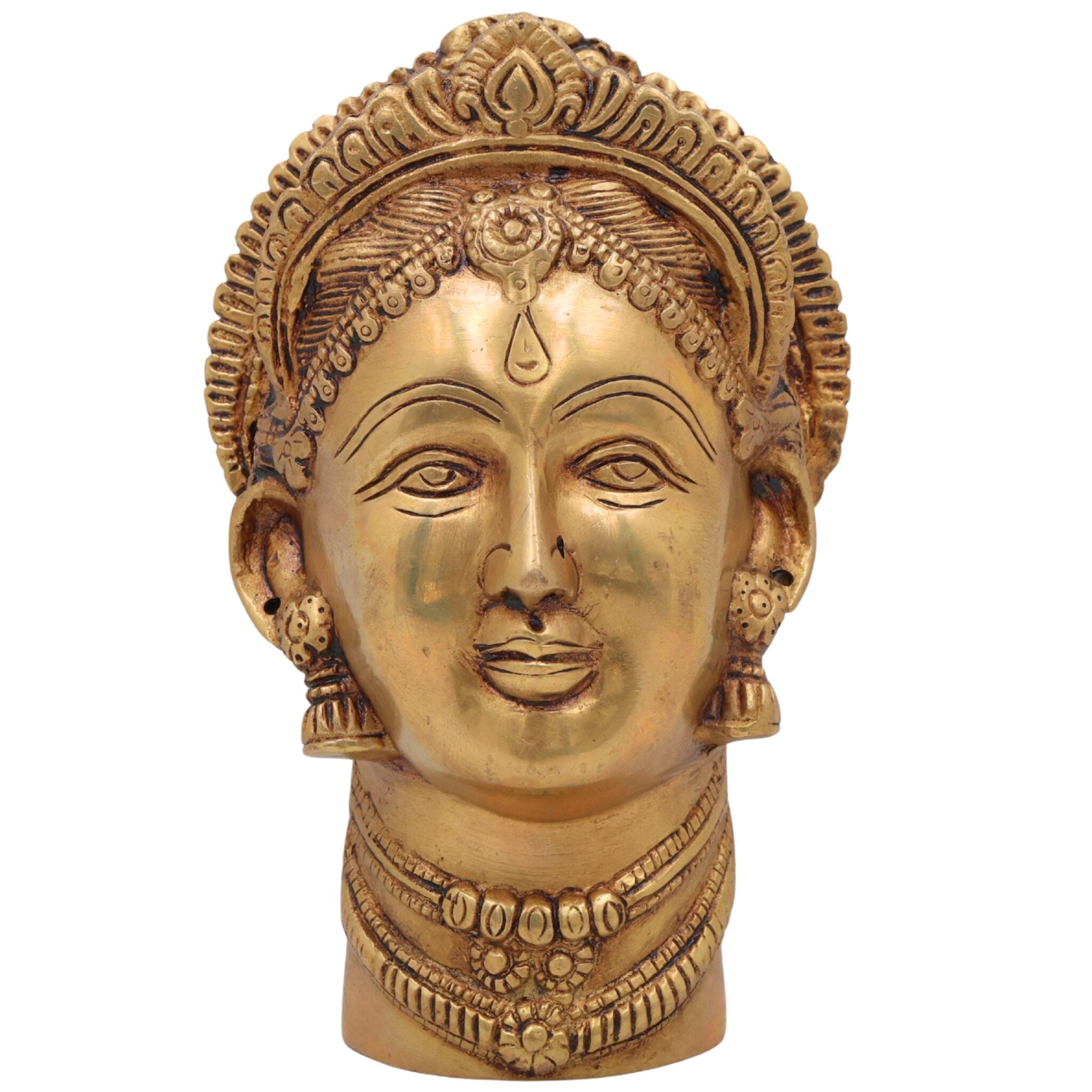 Handcrafted Brass Gowri Face Idol – Gauri, Parvati, Uma, Mahagauri, Shakti Devi Sculpture for Pooja, Home Temple & Spiritual Decor,Gold, 7.5 Inch, 1 Piece