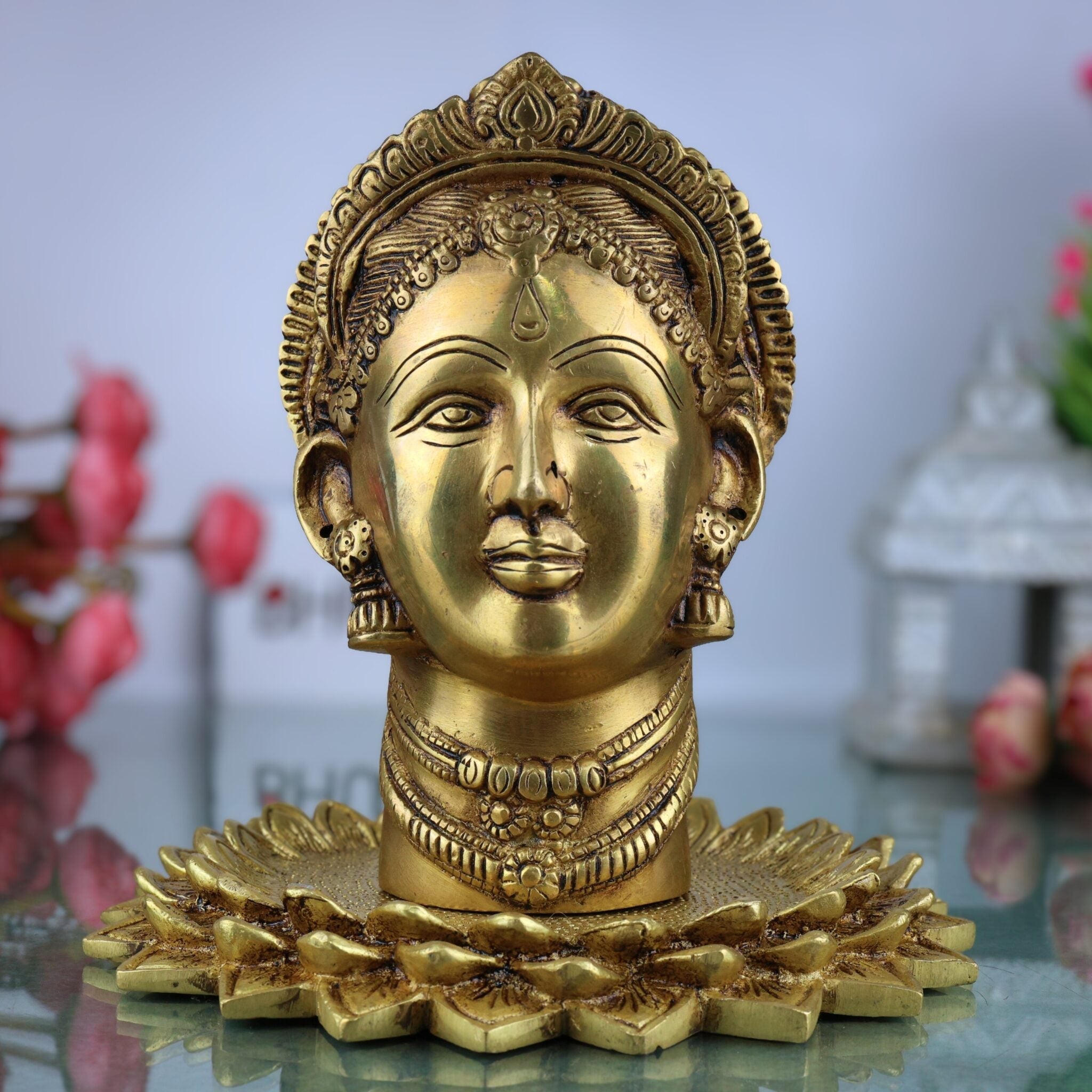 Handcrafted Brass Gowri Face Idol | Mahagauri Parvati Durga Shakti Devi Moorthi for Pooja, Temple & Home Decor,Gold, 8.5 Inch, 1 Piece