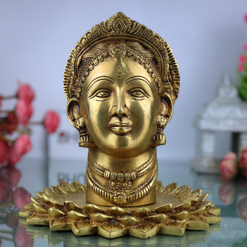 Handcrafted Brass Maha Lakshmi Face Idol on Lotus | Shree Kamala Devi Narayani Murti for Pooja, Home Temple & Decor,Gold, 8.5 Inch, 1 Piece