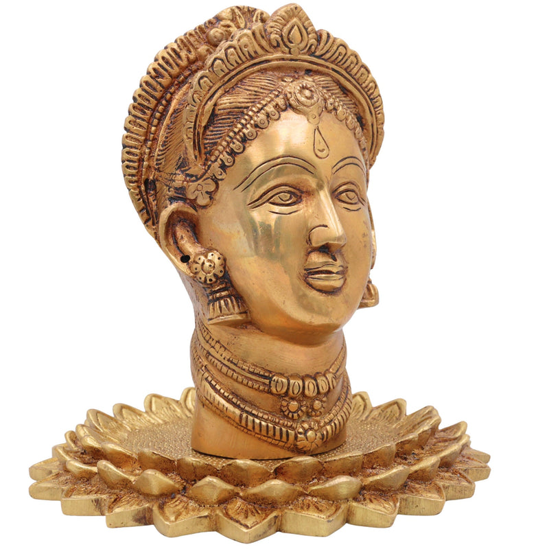 Handcrafted Brass Maha Lakshmi Face Idol on Lotus | Shree Kamala Devi Narayani Murti for Pooja, Home Temple & Decor,Gold, 8.5 Inch, 1 Piece