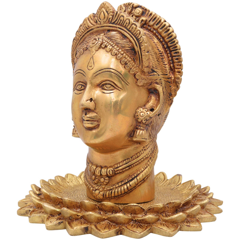 Handcrafted Brass Maha Lakshmi Face Idol on Lotus | Shree Kamala Devi Narayani Murti for Pooja, Home Temple & Decor,Gold, 8.5 Inch, 1 Piece