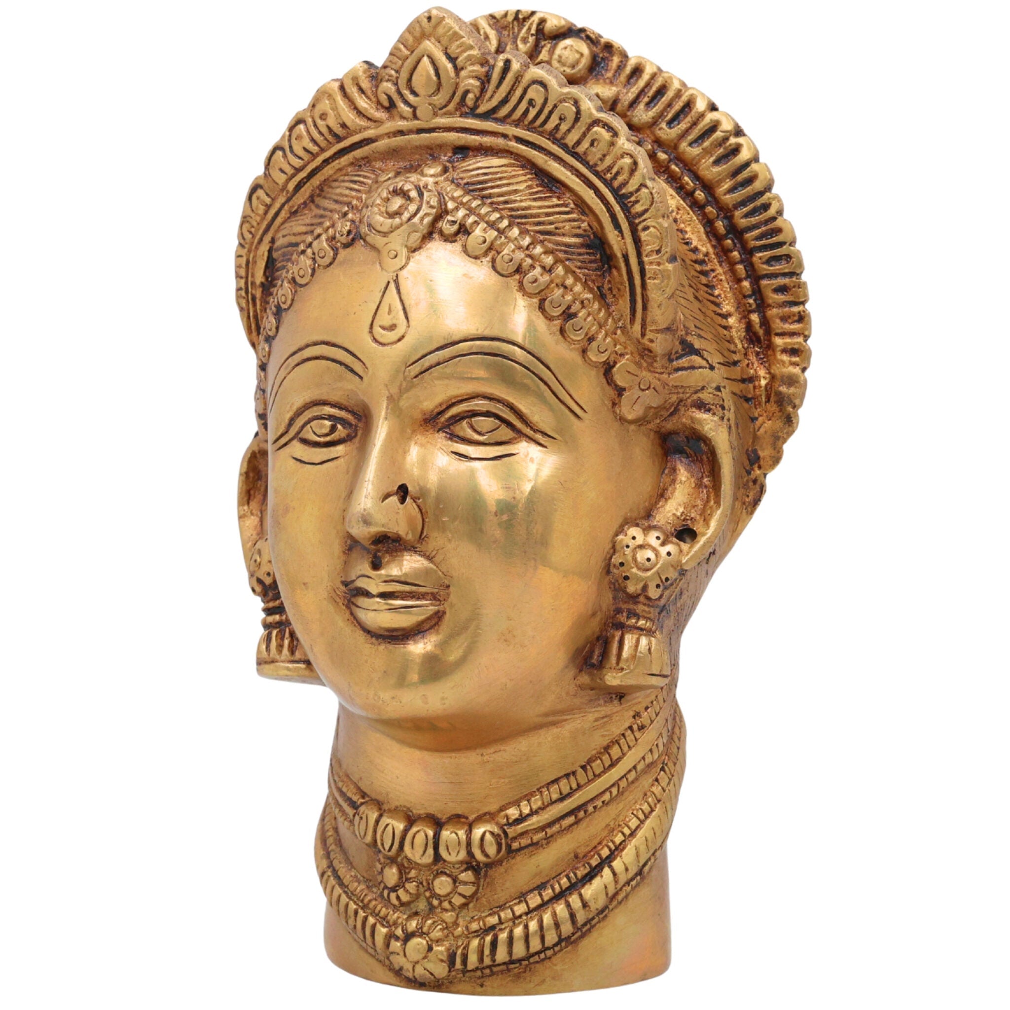 Handmade Mahalakshmi Brass Face Idol | Shri Lakshmi Devi Head Sculpture for Pooja Room, Temple & Home Decor – Gajalakshmi | Varalakshmi | Ashta Lakshmi | Kamala,Gold, 7.5 Inch, 1 Piece