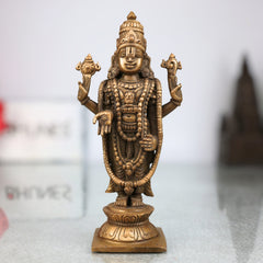 Handmade Bronze Venkateshwara Idol | Balaji, Srinivasa, Tirupati Murti | Panchaloha / Panchadhatu Sculpture for Temple & Home Decor,Brown, 6.5 Inch, 1 Piece