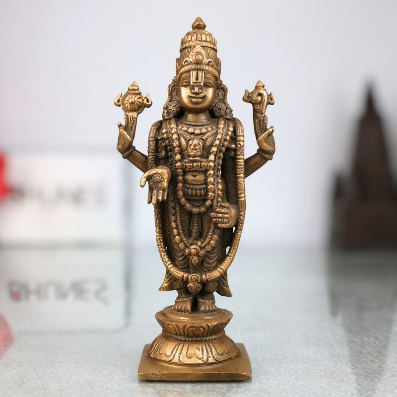 Handmade Bronze Venkateshwara Idol | Balaji, Srinivasa, Tirupati Murti | Panchaloha / Panchadhatu Sculpture for Temple & Home Decor,Brown, 6.5 Inch, 1 Piece