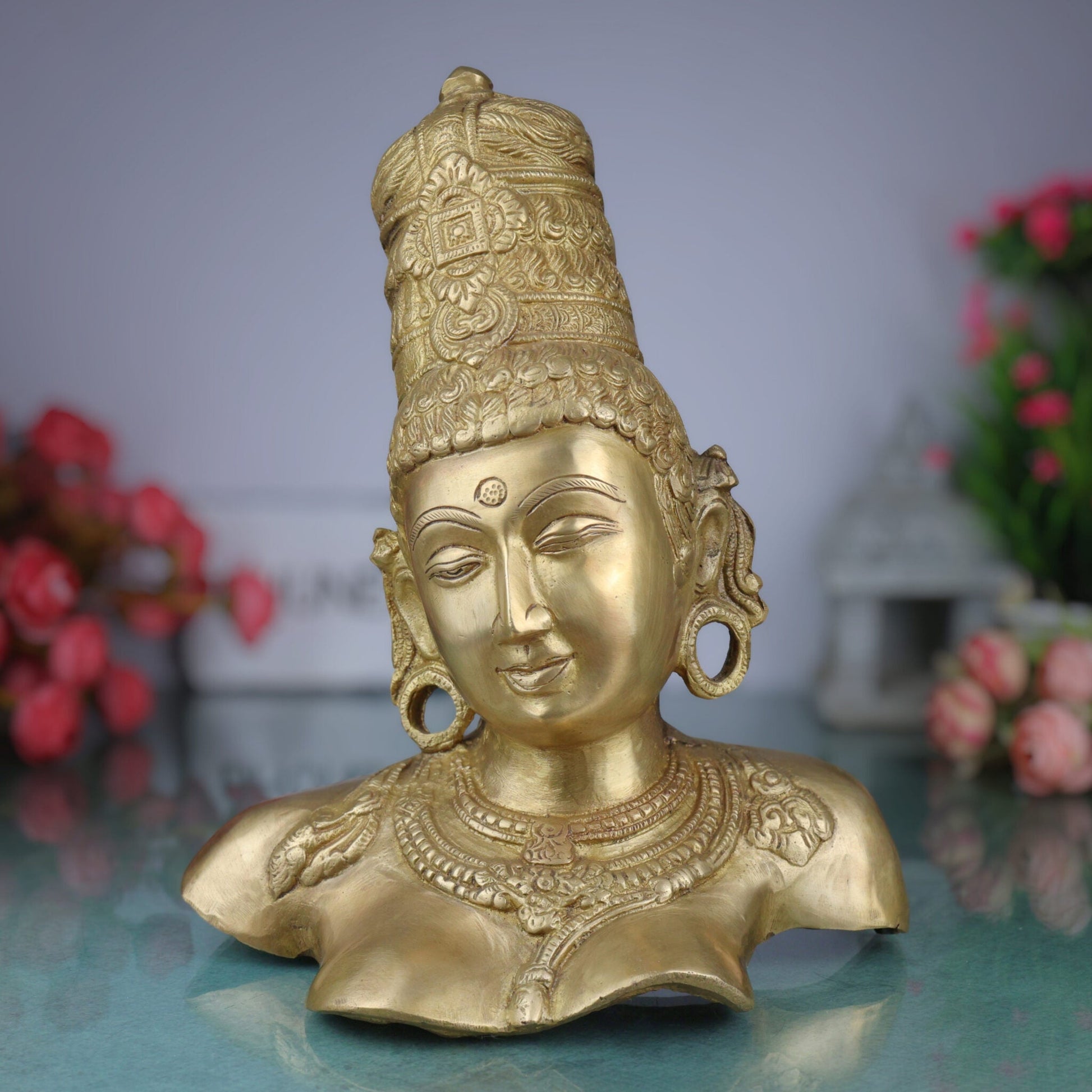 Brass Parvati Head Idol – Shakti Gauri Uma Devi Face Murti | Handcrafted Pittal Moorthi for Home Temple, Puja, Decor & Gifts ,Gold, 12 Inch, 1 Piece