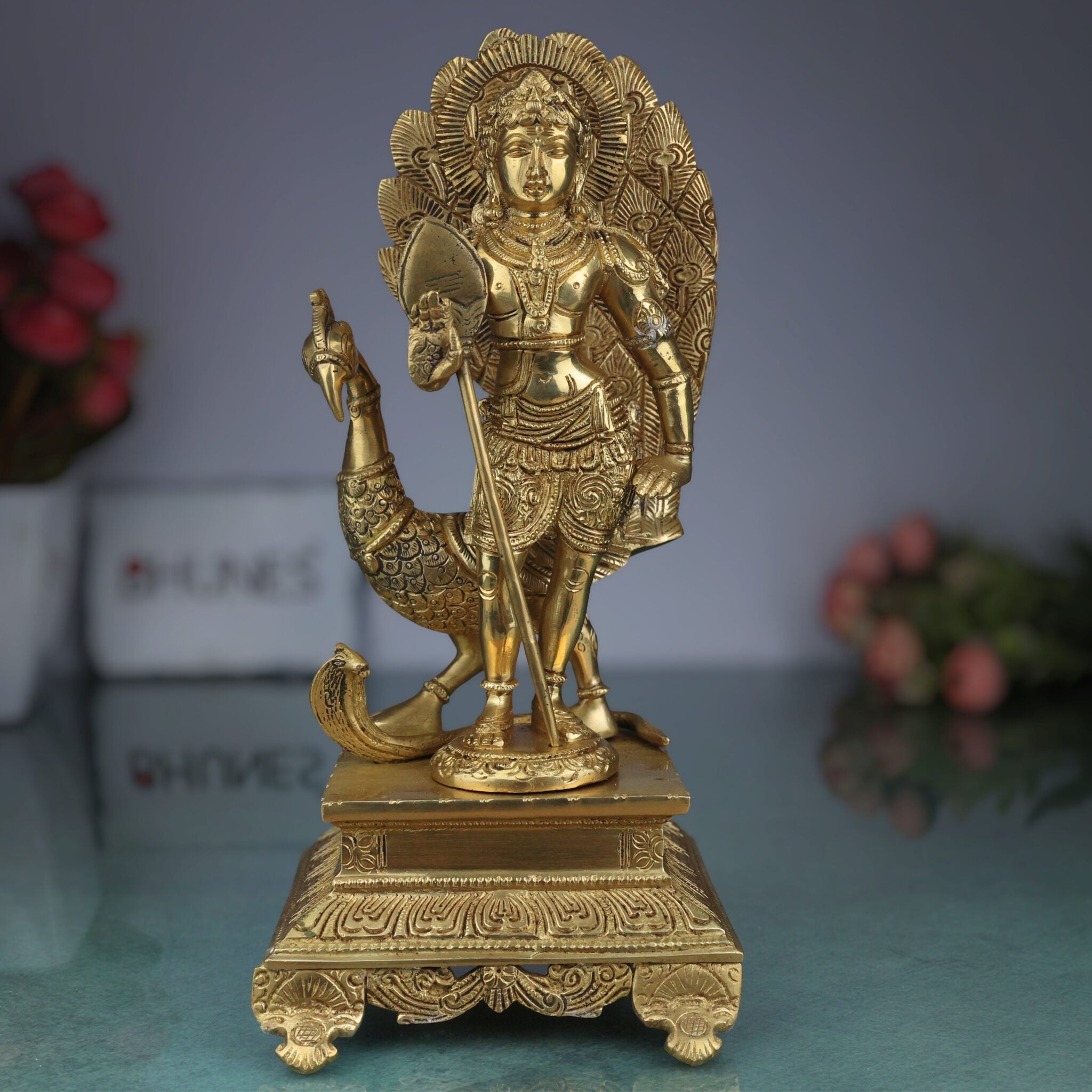 Brass Lord Murugan Idol with Peacock & Vel – Kartikeya Subramanya Skanda Shanmukha Statue for Pooja, Home Temple & Gifts,Gold, 13.5 Inch, 1 Piece