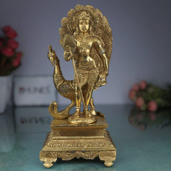 Brass Lord Murugan Idol with Peacock & Vel – Kartikeya Subramanya Skanda Shanmukha Statue for Pooja, Home Temple & Gifts,Gold, 13.5 Inch, 1 Piece