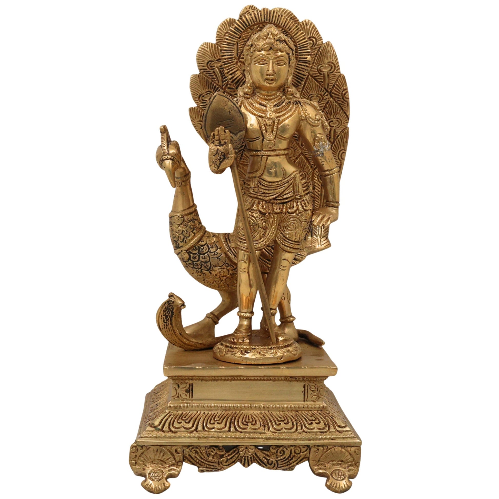 Brass Lord Murugan Idol with Peacock & Vel – Kartikeya Subramanya Skanda Shanmukha Statue for Pooja, Home Temple & Gifts,Gold, 13.5 Inch, 1 Piece