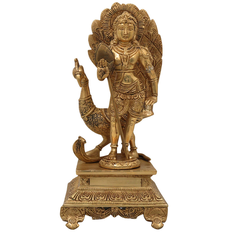 Brass Lord Murugan Idol with Peacock & Vel – Kartikeya Subramanya Skanda Shanmukha Statue for Pooja, Home Temple & Gifts,Gold, 13.5 Inch, 1 Piece