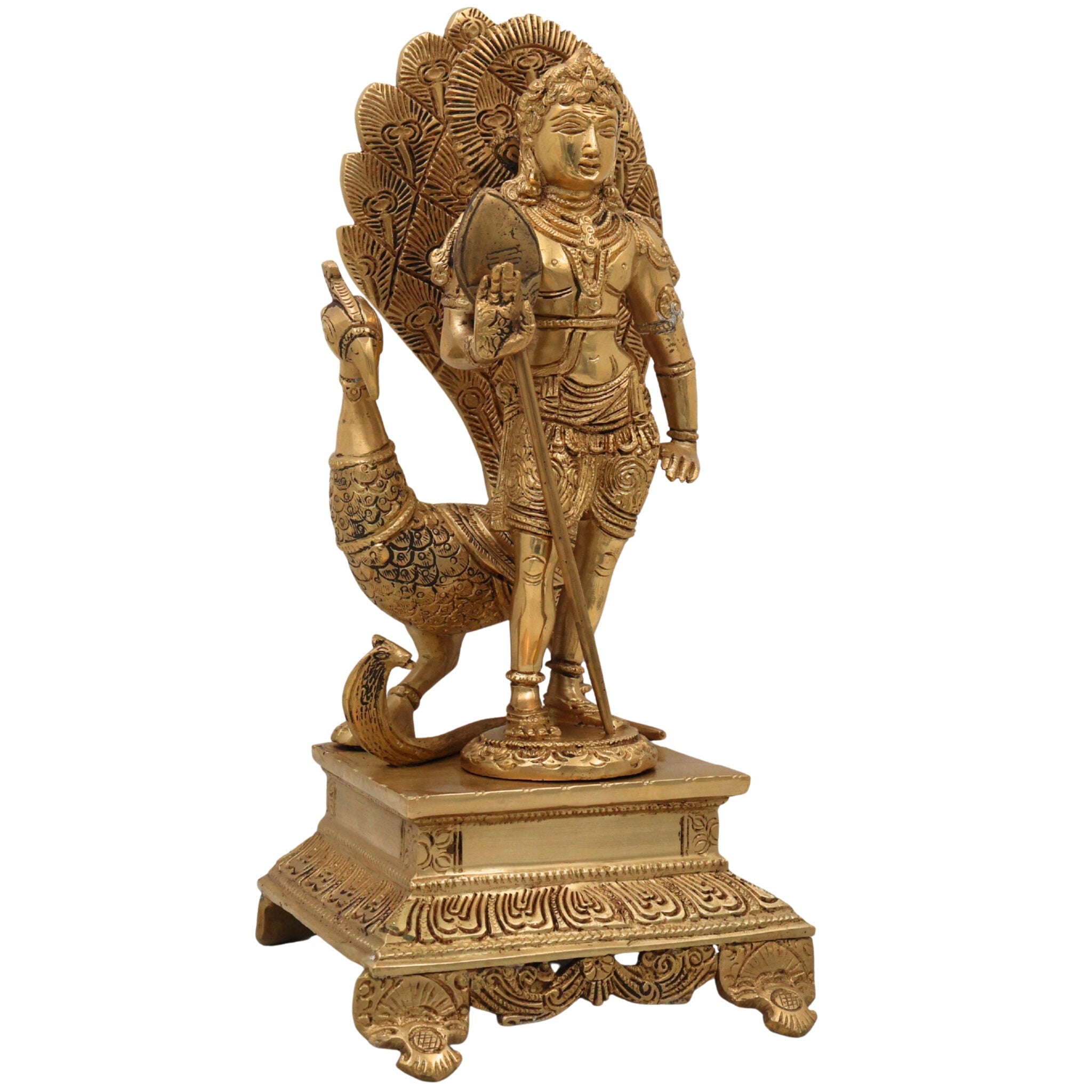Brass Lord Murugan Idol with Peacock & Vel – Kartikeya Subramanya Skanda Shanmukha Statue for Pooja, Home Temple & Gifts,Gold, 13.5 Inch, 1 Piece