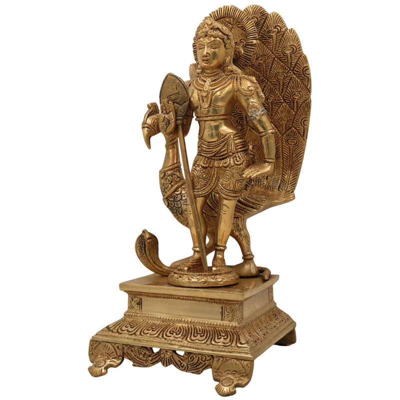 Brass Lord Murugan Idol with Peacock & Vel – Kartikeya Subramanya Skanda Shanmukha Statue for Pooja, Home Temple & Gifts,Gold, 13.5 Inch, 1 Piece