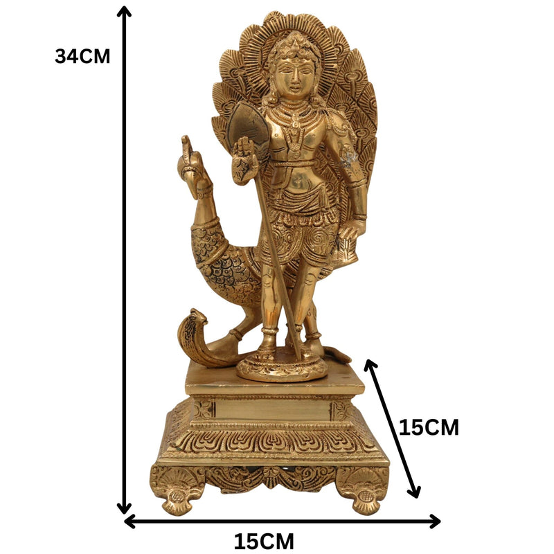 Brass Lord Murugan Idol with Peacock & Vel – Kartikeya Subramanya Skanda Shanmukha Statue for Pooja, Home Temple & Gifts,Gold, 13.5 Inch, 1 Piece