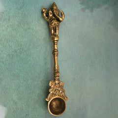 Brass Ganesh Theertha Spoon, Peetal Pital Temple Pooja Ladle, Ganesha Aarti Havan Spoon, Vinayaka Pittal Abhishekam Idol,Gold, 9 Inch, 1 Piece