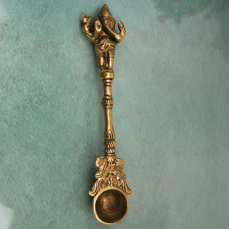 Brass Ganesh Theertha Spoon, Peetal Pital Temple Pooja Ladle, Ganesha Aarti Havan Spoon, Vinayaka Pittal Abhishekam Idol,Gold, 9 Inch, 1 Piece