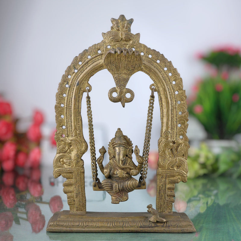 Brass Bal Ganesha on Swing Jhula | Vinayaka Ganpati Cradle Idol | Handcrafted Ganesh Ji Murti for Home, Temple & Pooja Decor,Gold, 11 Inch, 1 Piece