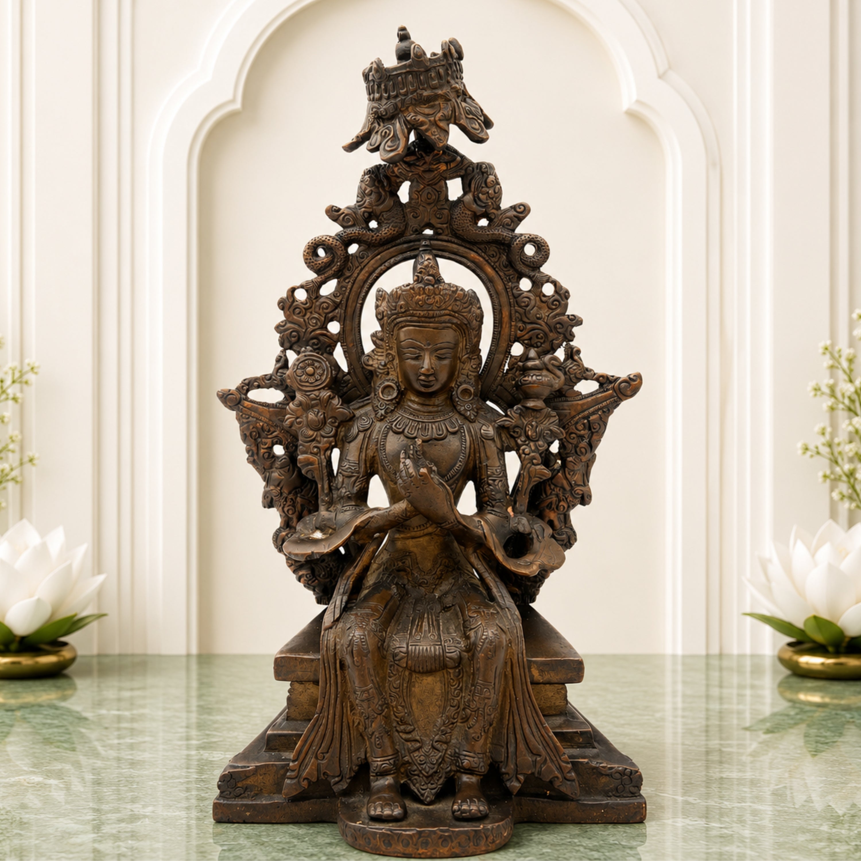 Handcrafted Brass Tibetan Manjushri Idol, Buddha Manjushri Murti, Wisdom Bodhisattva Statue for Home, Temple, Meditation, and Spiritual Decor,Brown, 10 Inch, 1 Piece