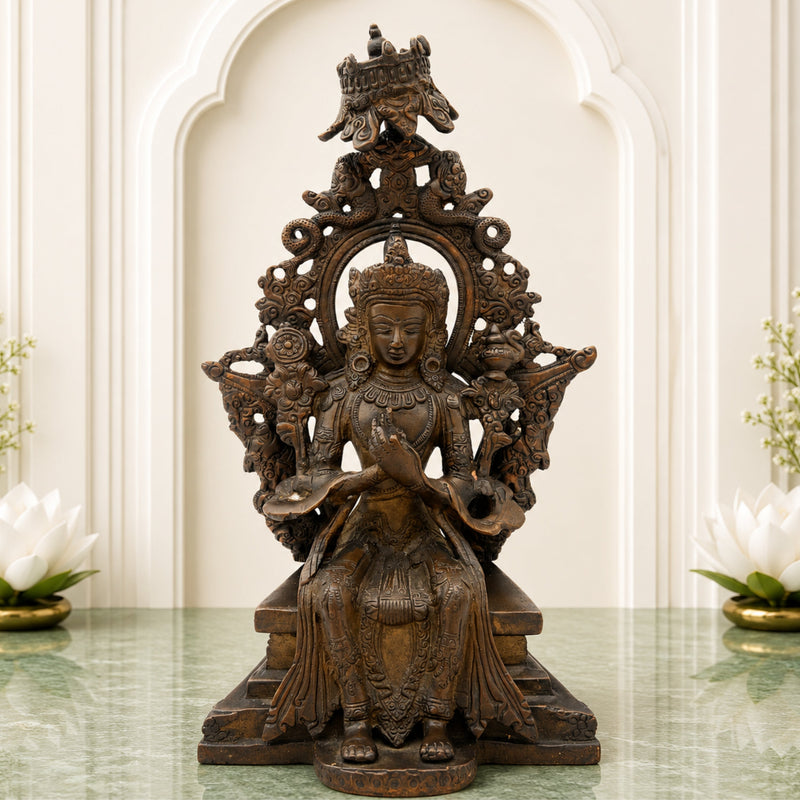 Handcrafted Brass Tibetan Manjushri Idol, Buddha Manjushri Murti, Wisdom Bodhisattva Statue for Home, Temple, Meditation, and Spiritual Decor,Brown, 10 Inch, 1 Piece