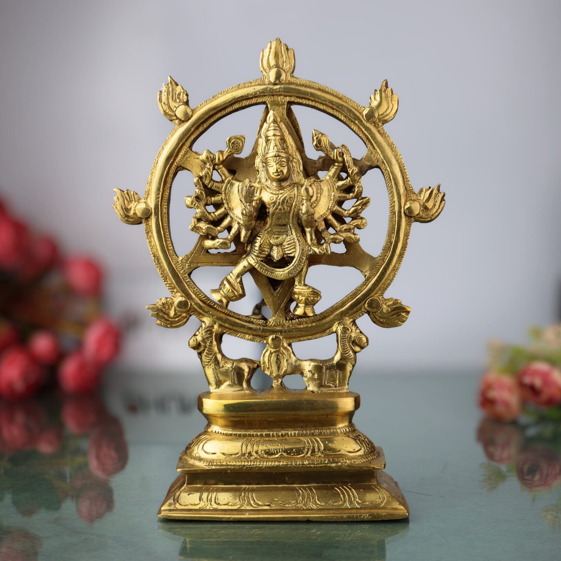 Handcrafted Brass Sudarshana Idol | Lord Sudarshana Murti, Chakrapani Deity, Sudarshana Chakra Statue for Pooja & Home Decor,Gold, 9.5 Inch, 1 Piece