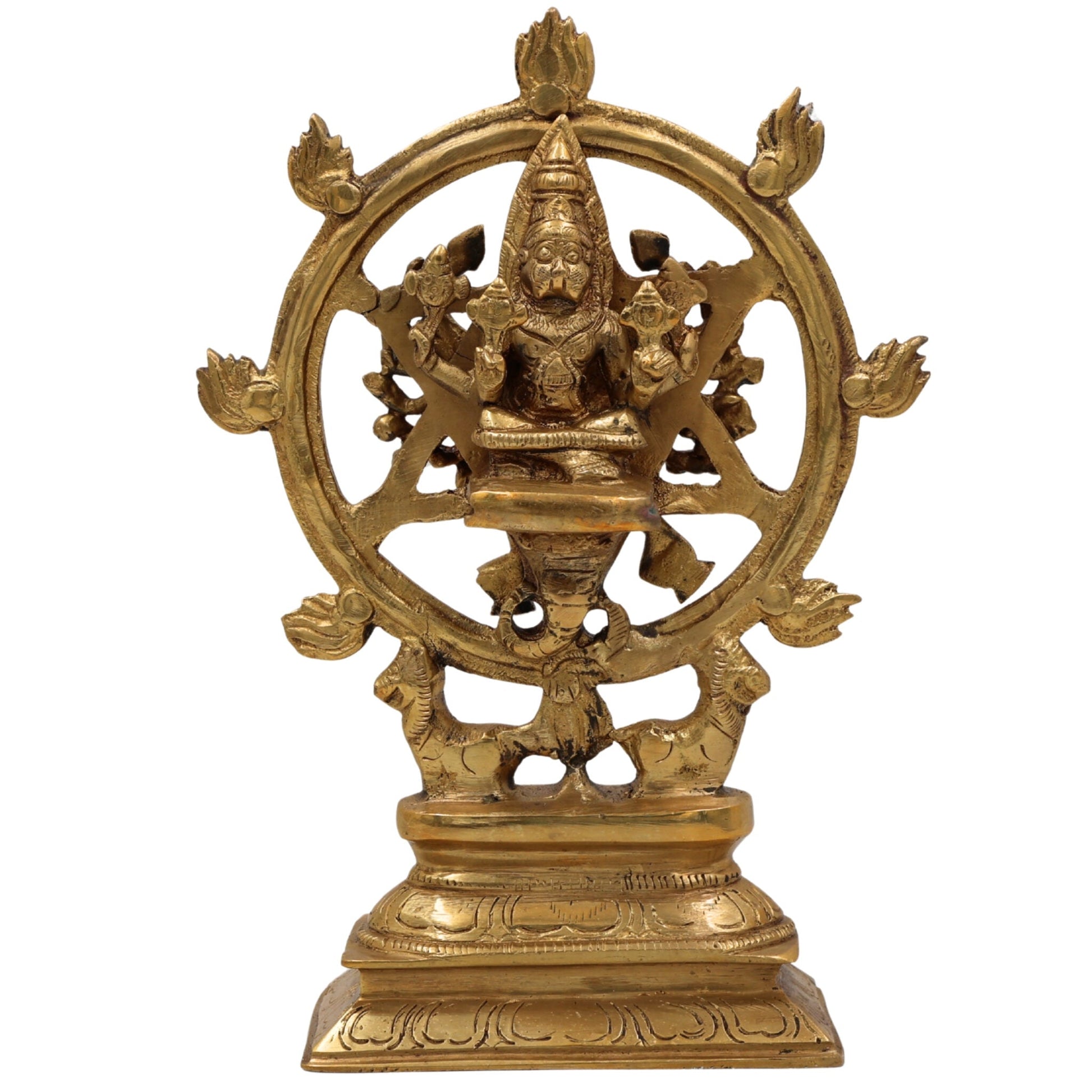 Handcrafted Brass Sudarshana Idol | Lord Sudarshana Murti, Chakrapani Deity, Sudarshana Chakra Statue for Pooja & Home Decor,Gold, 9.5 Inch, 1 Piece