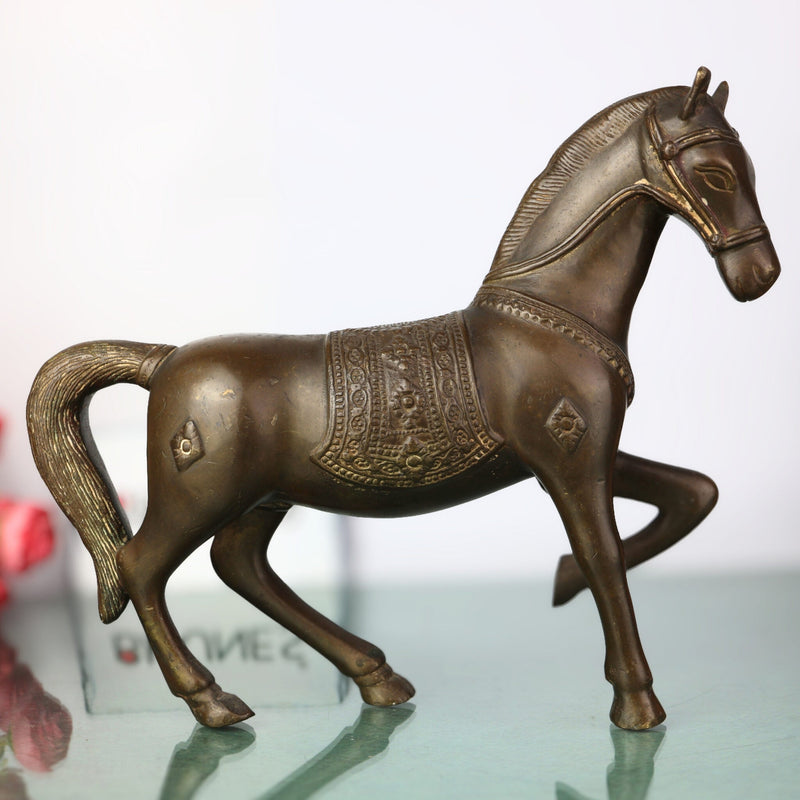 Handcrafted Brass Horse Idol | Ashwa Ghoda Showpiece for Home Decor, Vastu, Mandir | Peetal Kudirai Gurram Turang Statue by Bhunes,Brown, 12 Inch, 1 Piece