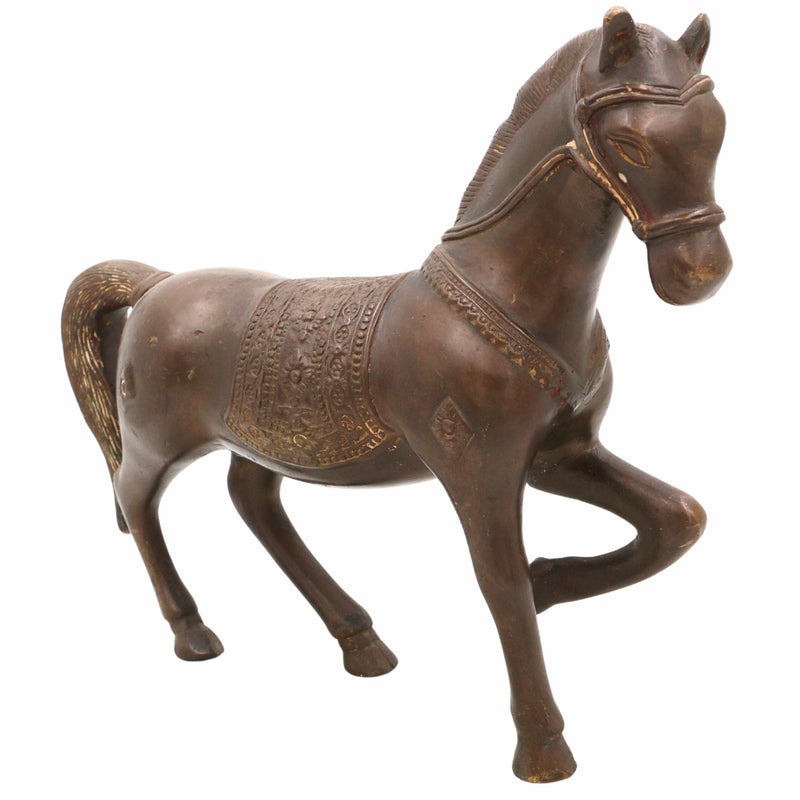 Handcrafted Brass Horse Idol | Ashwa Ghoda Showpiece for Home Decor, Vastu, Mandir | Peetal Kudirai Gurram Turang Statue by Bhunes,Brown, 12 Inch, 1 Piece