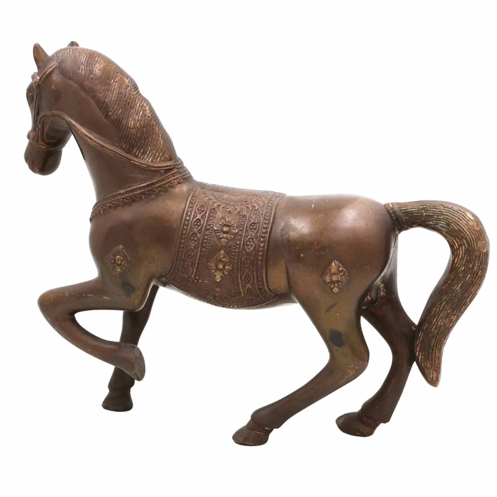 Handcrafted Brass Horse Idol | Ashwa Ghoda Showpiece for Home Decor, Vastu, Mandir | Peetal Kudirai Gurram Turang Statue by Bhunes,Brown, 12 Inch, 1 Piece