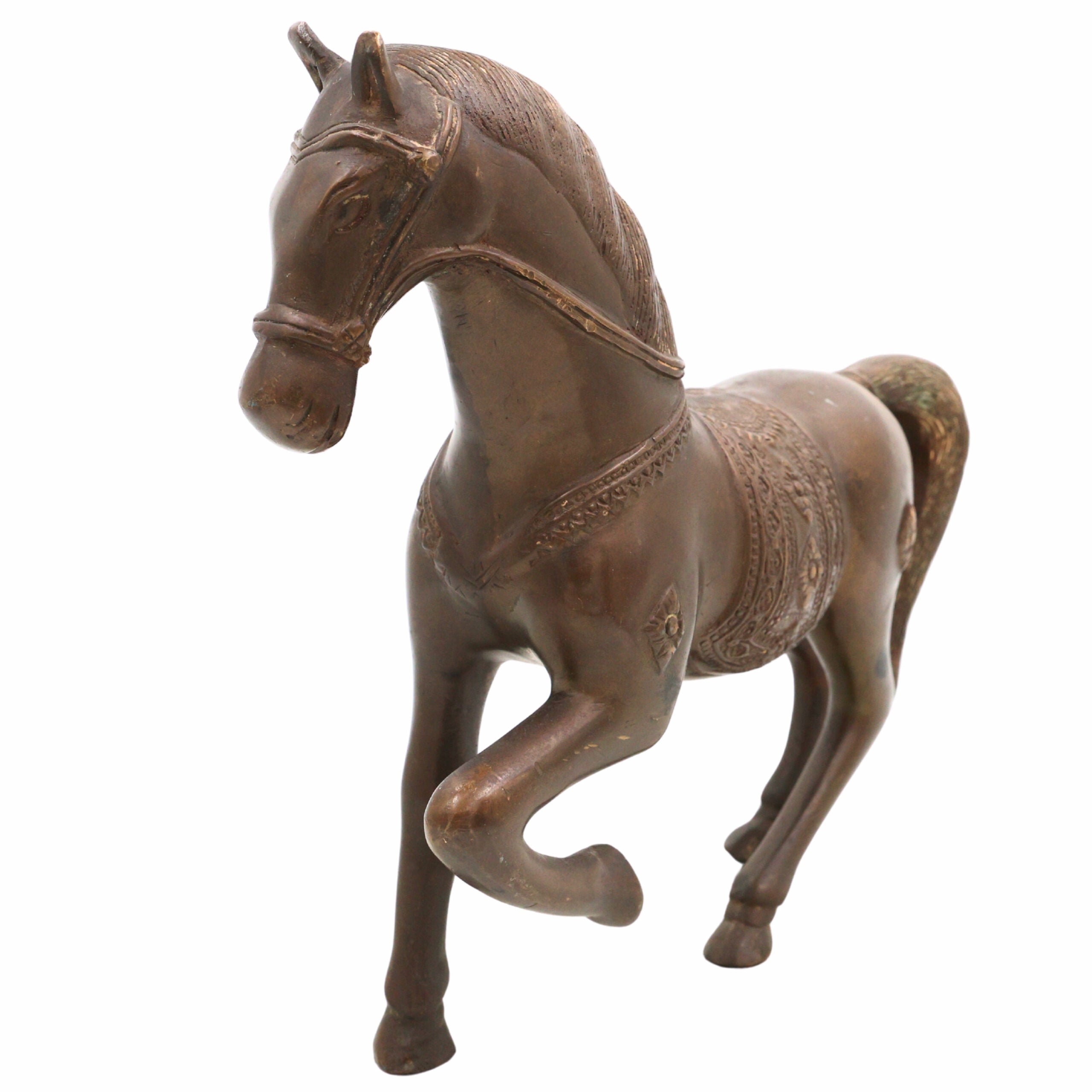 Handcrafted Brass Horse Idol | Ashwa Ghoda Showpiece for Home Decor, Vastu, Mandir | Peetal Kudirai Gurram Turang Statue by Bhunes,Brown, 12 Inch, 1 Piece