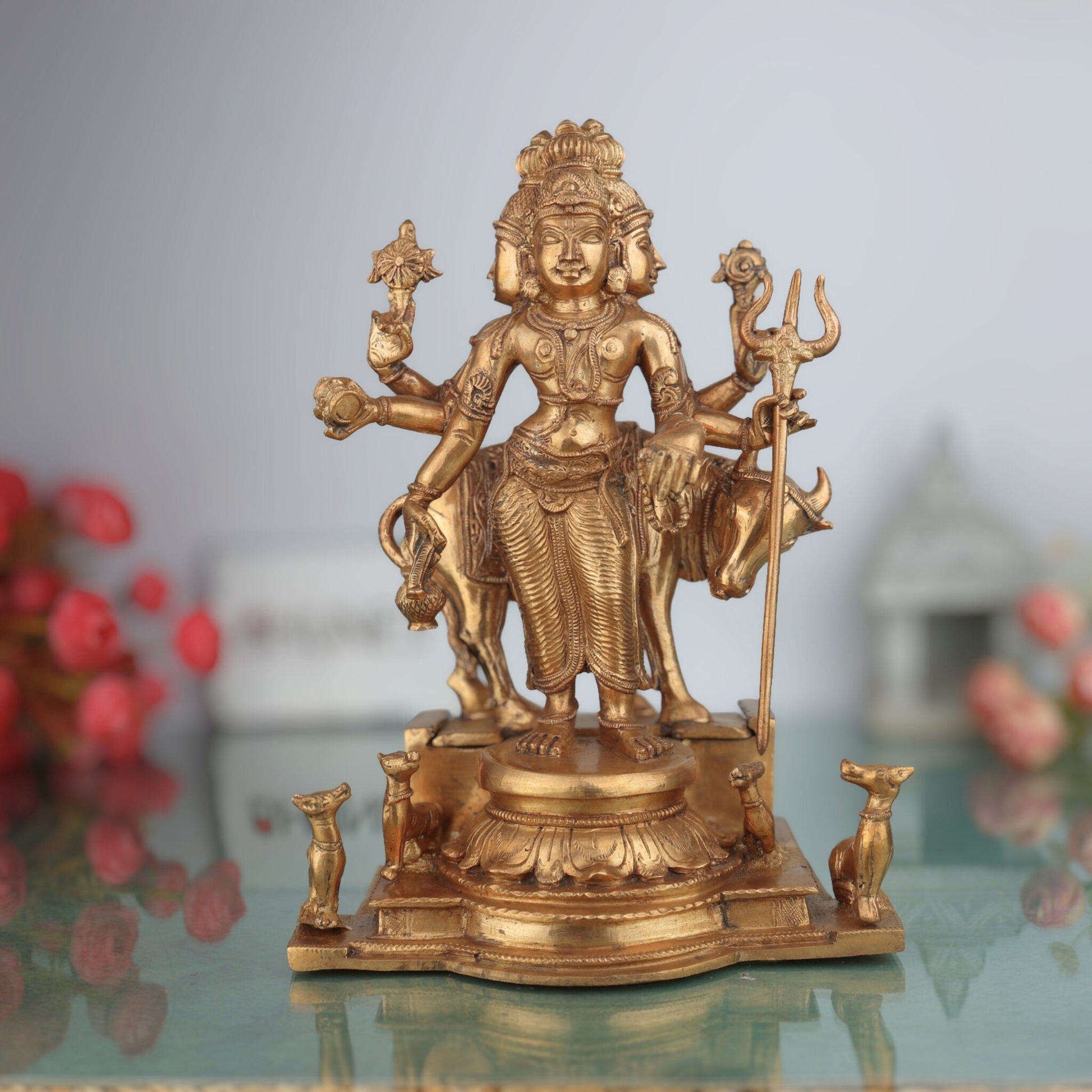 Premium Bronze Dattatreya Idol | Panchaloha Handmade Dattatreya Murti | Lord Datta, Dattaguru, Sri Datta Guru, Avadhuta Datta | Chola Art South Indian Sculpture,Gold, 11 Inch, 1 Piece