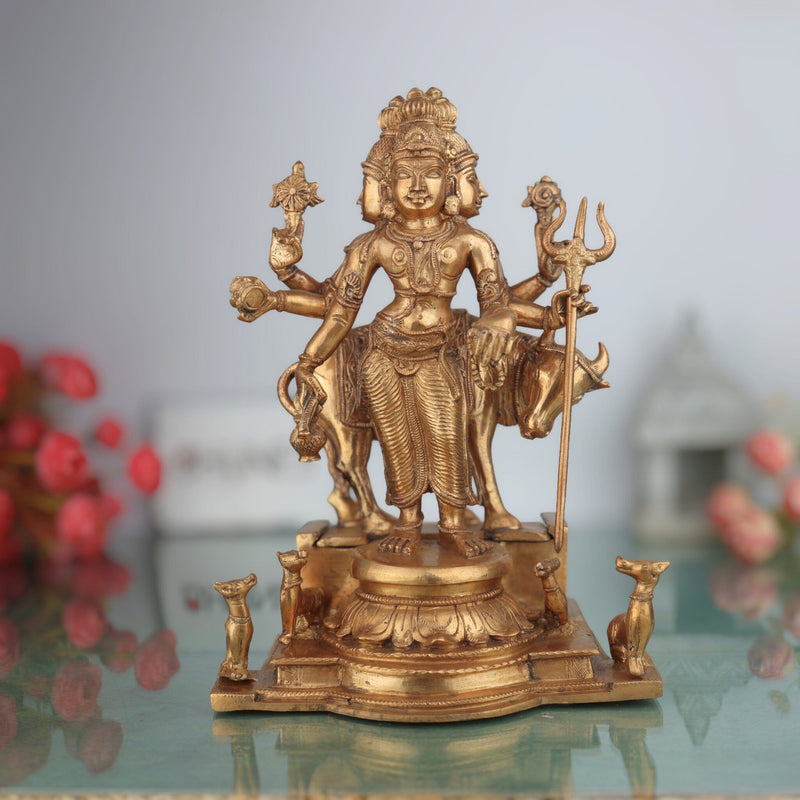 Premium Bronze Dattatreya Idol | Panchaloha Handmade Dattatreya Murti | Lord Datta, Dattaguru, Sri Datta Guru, Avadhuta Datta | Chola Art South Indian Sculpture,Gold, 11 Inch, 1 Piece
