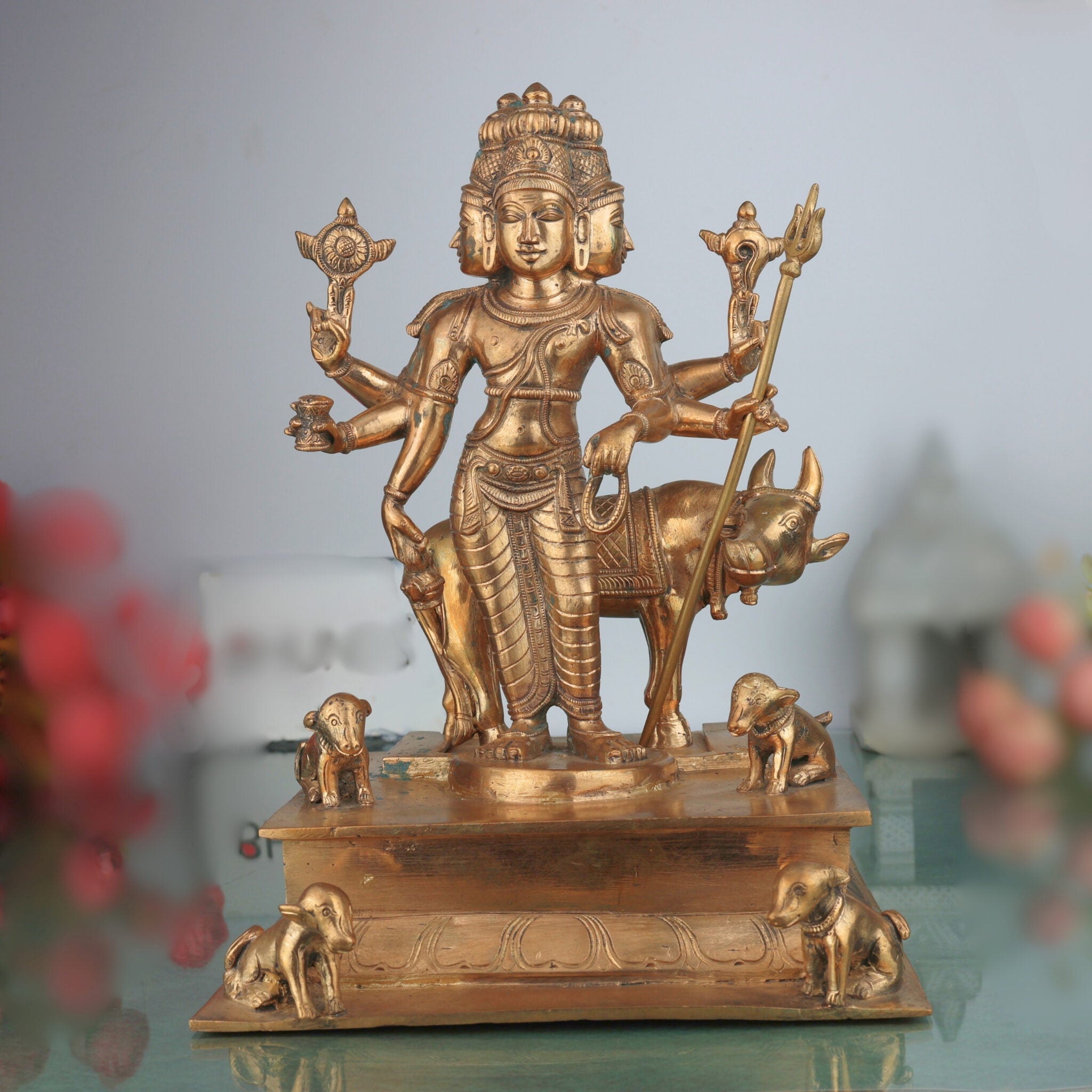 Handmade Bronze Dattatreya Idol | Panchaloha Dattaguru Murti | Lord Datta Statue for Pooja, Temple & Home Decor,Gold, 12 Inch, 1 Piece