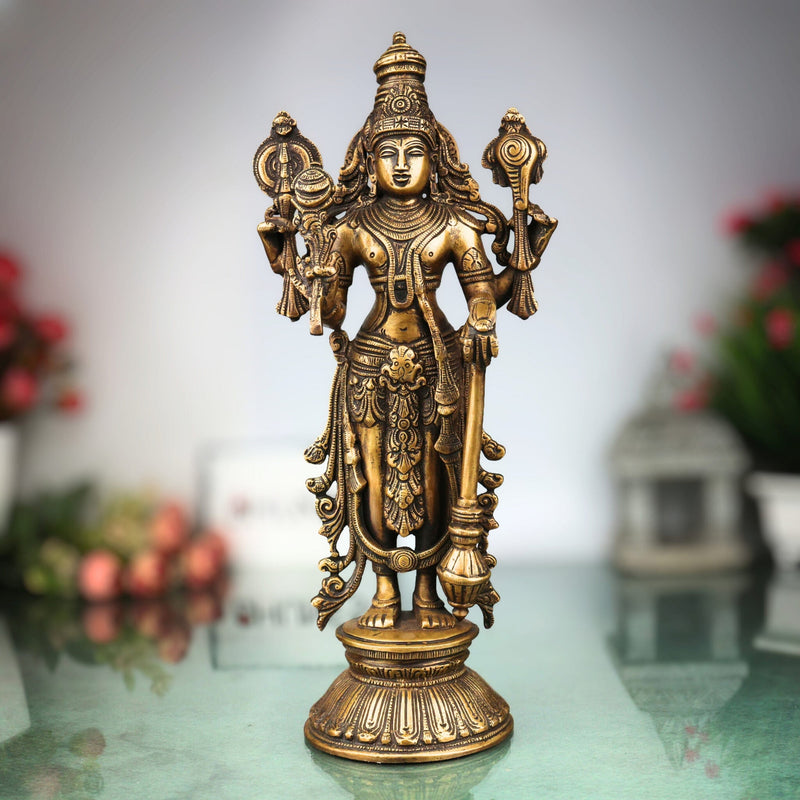Brass Vishnu Idol | Narayana Murti Statue | Venkateswara Balaji Srinivasa Govinda Pratima | Hindu God Murti for Pooja, Temple, Home Decor & Gifts, Gold, 13 Inch, 1 Piece