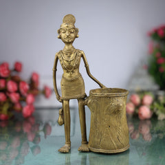 Bhunes Brass Dogra Lady Pen Stand Tribal Art,Gold, 11 Inch, 1 Piece