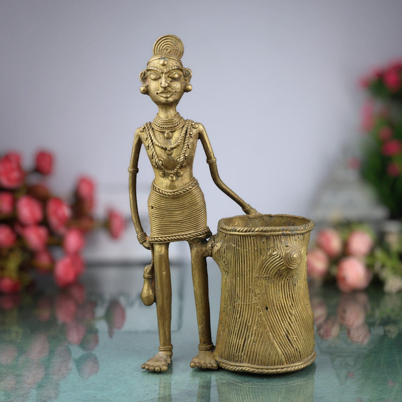 Bhunes Brass Dogra Lady Pen Stand Tribal Art,Gold, 11 Inch, 1 Piece