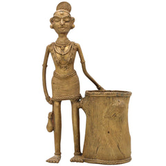 Bhunes Brass Dogra Lady Pen Stand Tribal Art,Gold, 11 Inch, 1 Piece