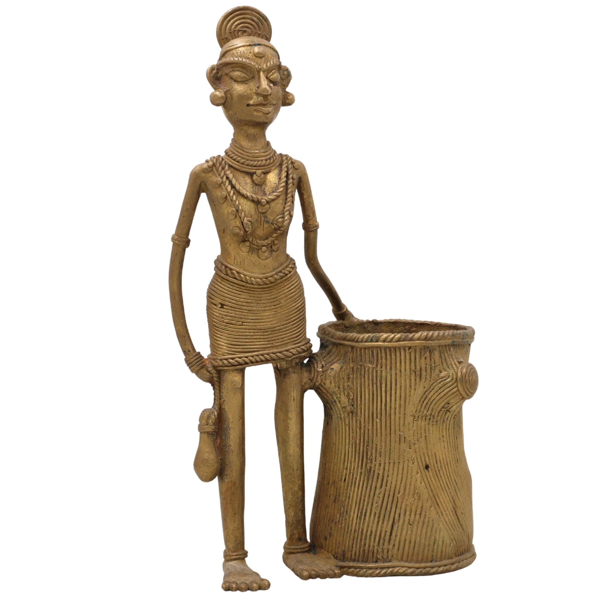 Bhunes Brass Dogra Lady Pen Stand Tribal Art,Gold, 11 Inch, 1 Piece