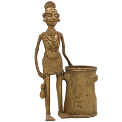 Bhunes Brass Dogra Lady Pen Stand Tribal Art,Gold, 11 Inch, 1 Piece