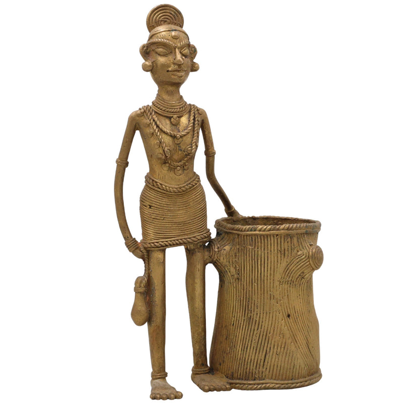 Bhunes Brass Dogra Lady Pen Stand Tribal Art,Gold, 11 Inch, 1 Piece