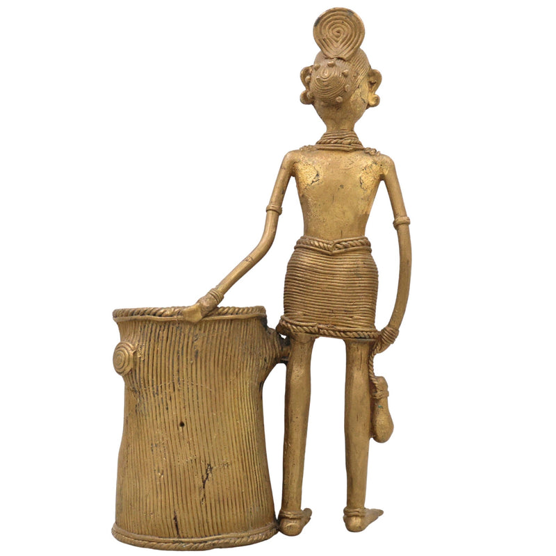 Bhunes Brass Dogra Lady Pen Stand Tribal Art,Gold, 11 Inch, 1 Piece