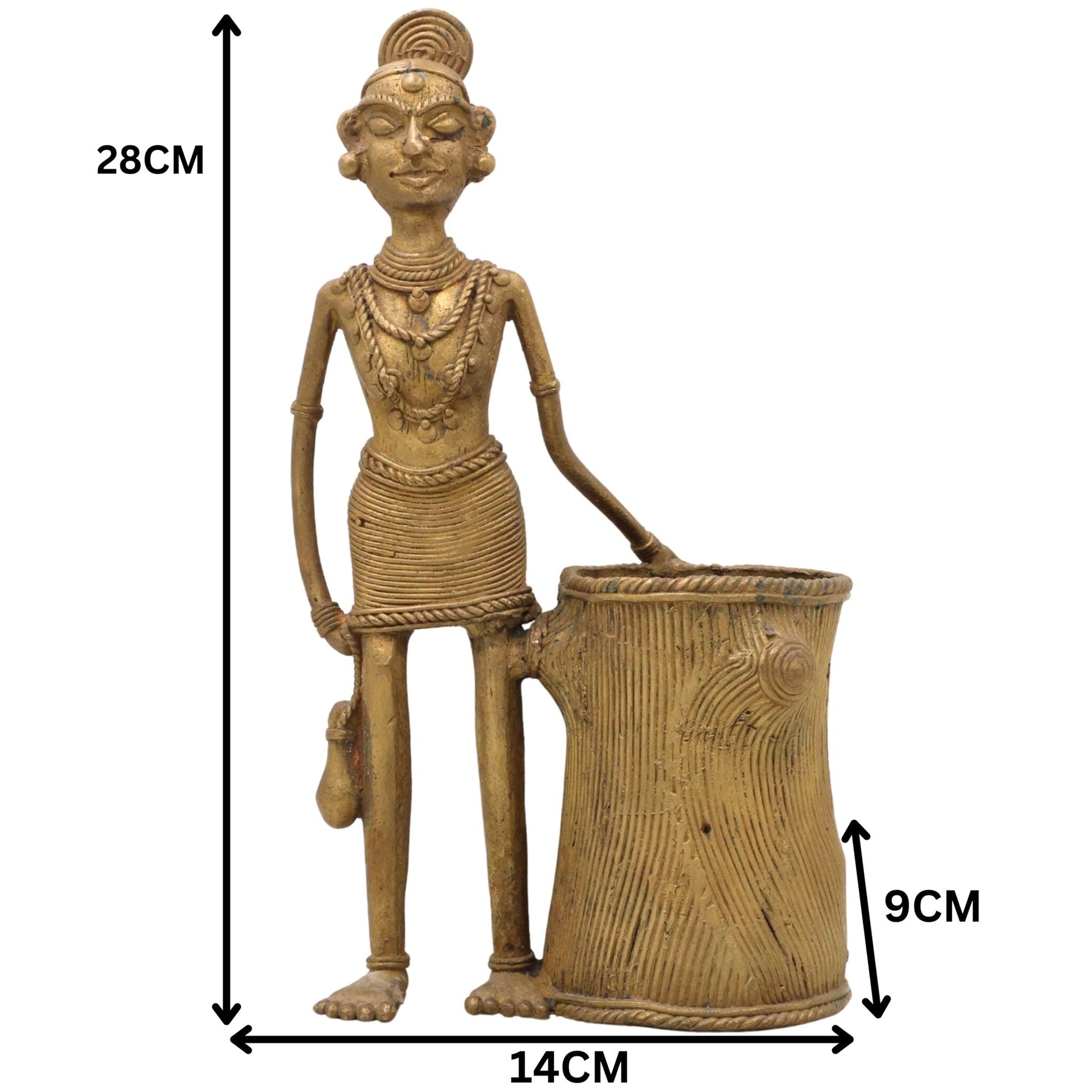Bhunes Brass Dogra Lady Pen Stand Tribal Art,Gold, 11 Inch, 1 Piece