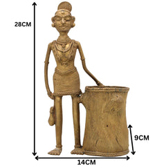 Bhunes Brass Dogra Lady Pen Stand Tribal Art,Gold, 11 Inch, 1 Piece