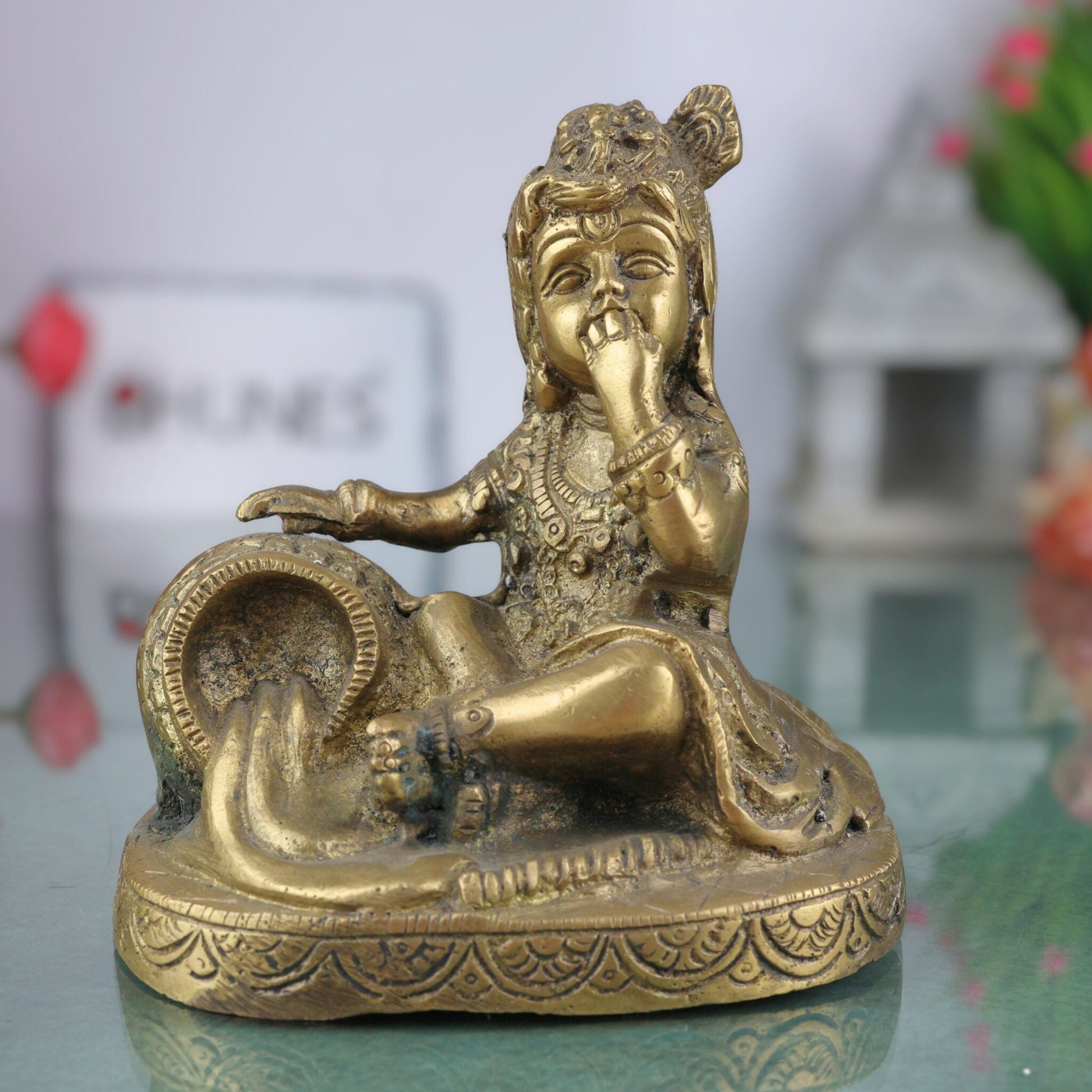 Brass Bal Gopal Idol – Makhan Chor Krishna Murti | Gopal Statue for Pooja, Home Decor, Gifts & Temple,Gold, 5 Inch, 1 Piece